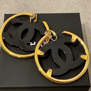Chanel 2024 Spring Oversized Hoop Earrings Black Resin & Gold Clip-On New w Tags